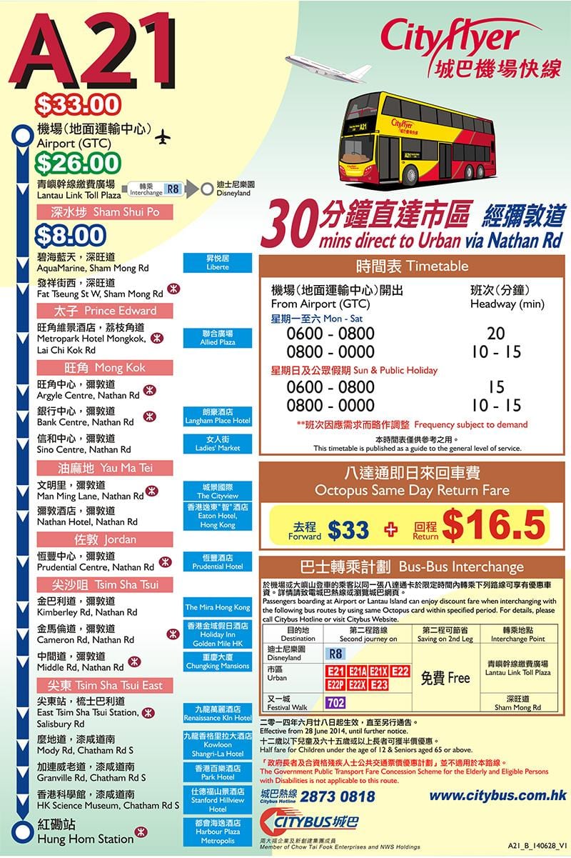 Hong Kong a21 bus de la carte de l'itinéraire